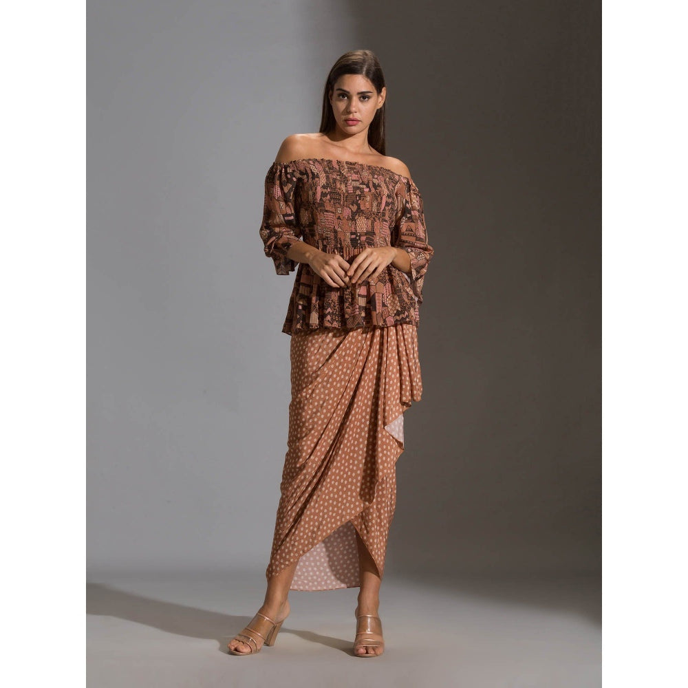 Soup By Sougat Paul Rushed offshoulder Top Paired With Printed Dhoti Skurt (Set of 2)