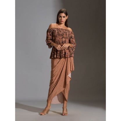 Soup By Sougat Paul Rushed offshoulder Top Paired With Printed Dhoti Skurt (Set of 2)