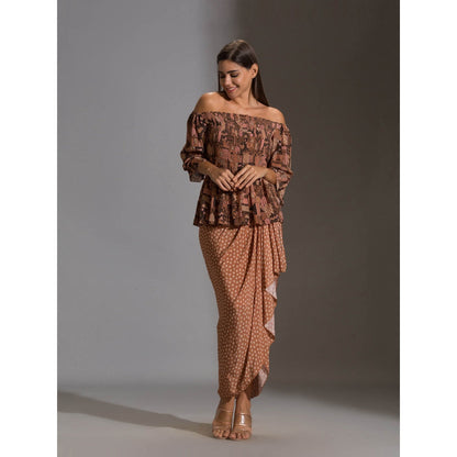 Soup By Sougat Paul Rushed offshoulder Top Paired With Printed Dhoti Skurt (Set of 2)