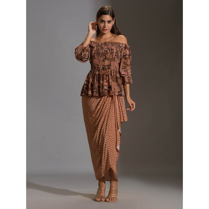 Soup By Sougat Paul Rushed offshoulder Top Paired With Printed Dhoti Skurt (Set of 2)
