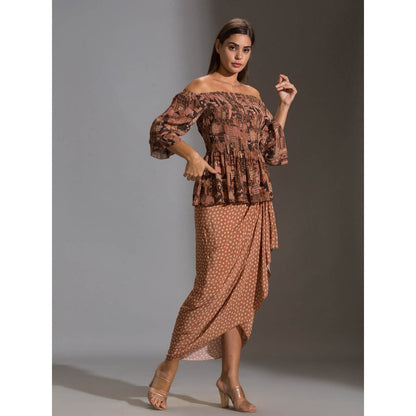 Soup By Sougat Paul Rushed offshoulder Top Paired With Printed Dhoti Skurt (Set of 2)