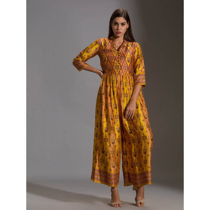 Soup By Sougat Paul Printed Collared Jumpsuit With Front Opening And Potli Button Details