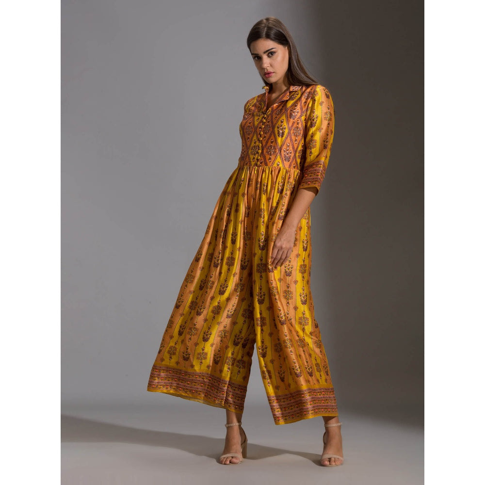 Soup By Sougat Paul Printed Collared Jumpsuit With Front Opening And Potli Button Details