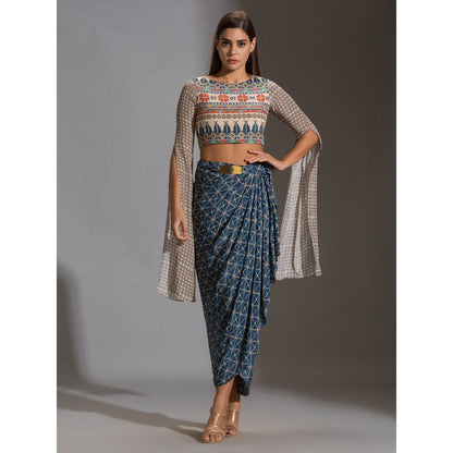 Soup By Sougat Paul Crop Top With Angel Sleeves Paired With Dhoti Drape Skirt (Set of 2)