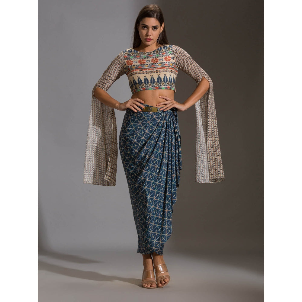 Soup By Sougat Paul Crop Top With Angel Sleeves Paired With Dhoti Drape Skirt (Set of 2)