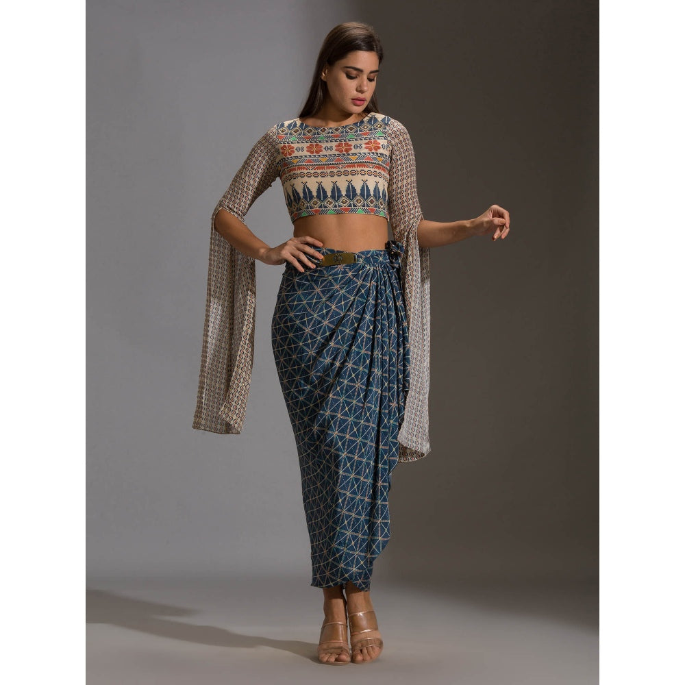 Soup By Sougat Paul Crop Top With Angel Sleeves Paired With Dhoti Drape Skirt (Set of 2)