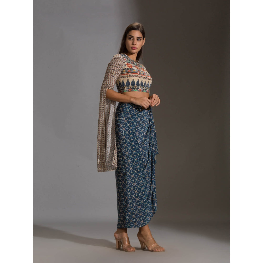 Soup By Sougat Paul Crop Top With Angel Sleeves Paired With Dhoti Drape Skirt (Set of 2)