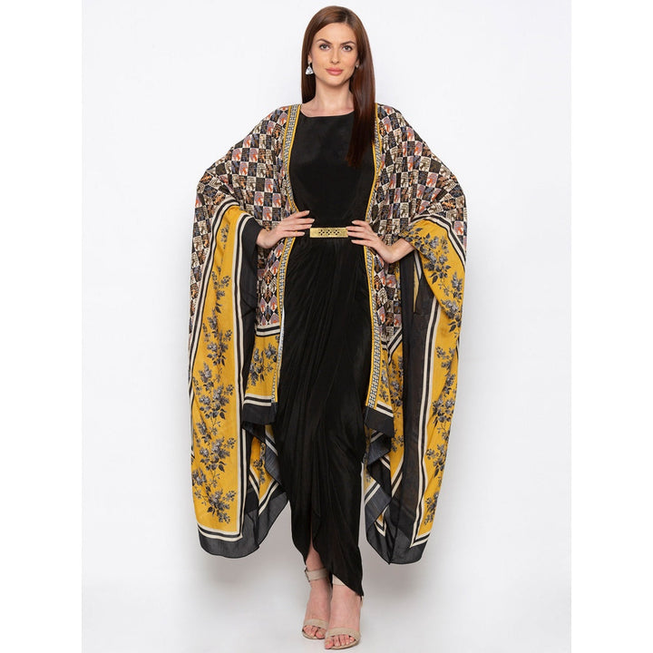Soup by Sougat Paul Black Solid Dress With Printed Cape - Customisable (Set of 2)