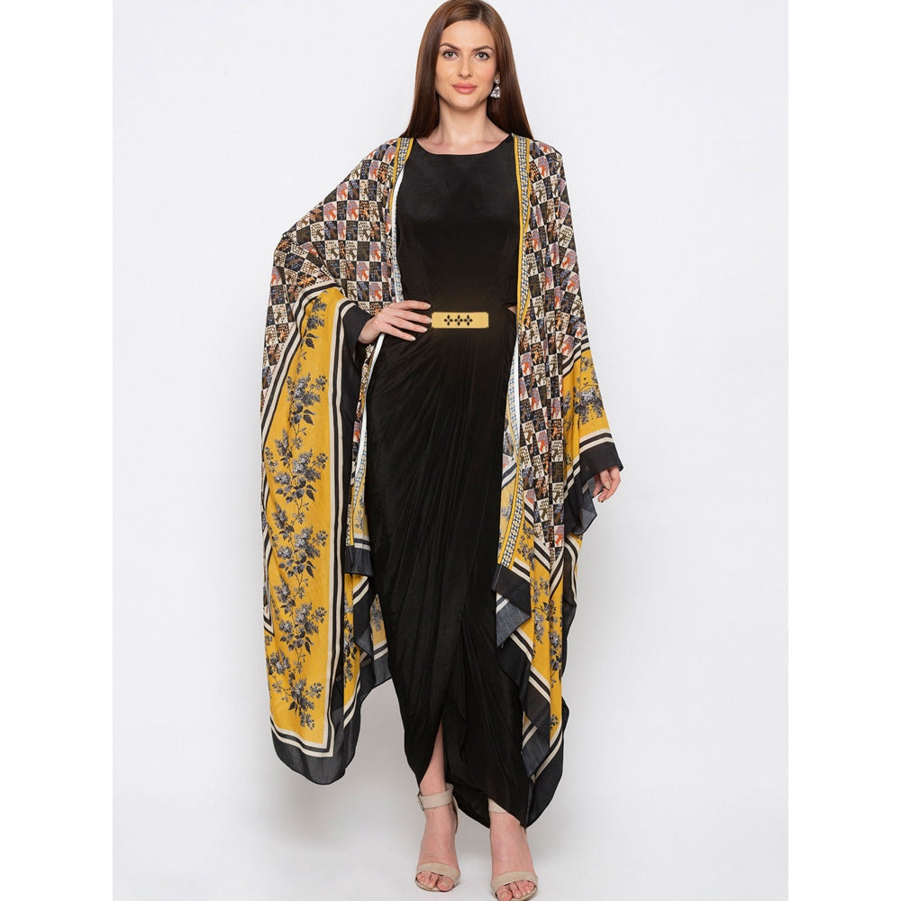 Soup by Sougat Paul Black Solid Dress With Printed Cape - Customisable (Set of 2)
