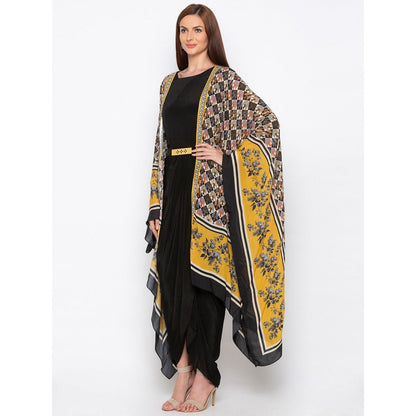 Soup by Sougat Paul Black Solid Dress With Printed Cape - Customisable (Set of 2)