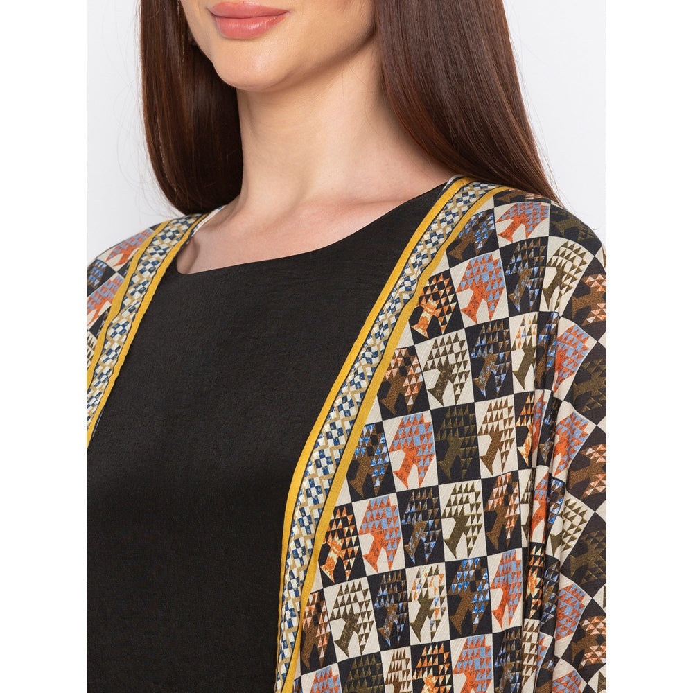 Soup by Sougat Paul Black Solid Dress With Printed Cape - Customisable (Set of 2)