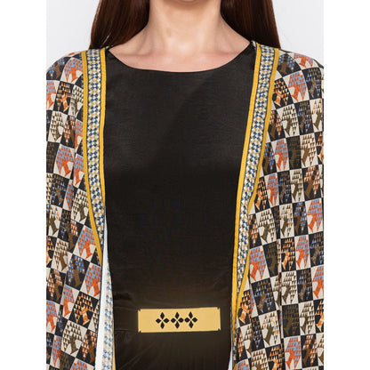 Soup by Sougat Paul Black Solid Dress With Printed Cape - Customisable (Set of 2)