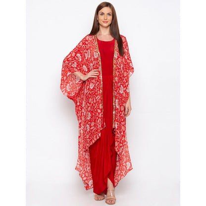 Soup by Sougat Paul Red Solid Dress With Printed Cape - Customisable (Set of 2)