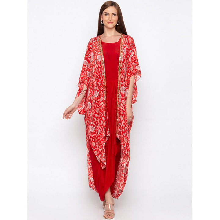 Soup by Sougat Paul Red Solid Dress With Printed Cape - Customisable (Set of 2)
