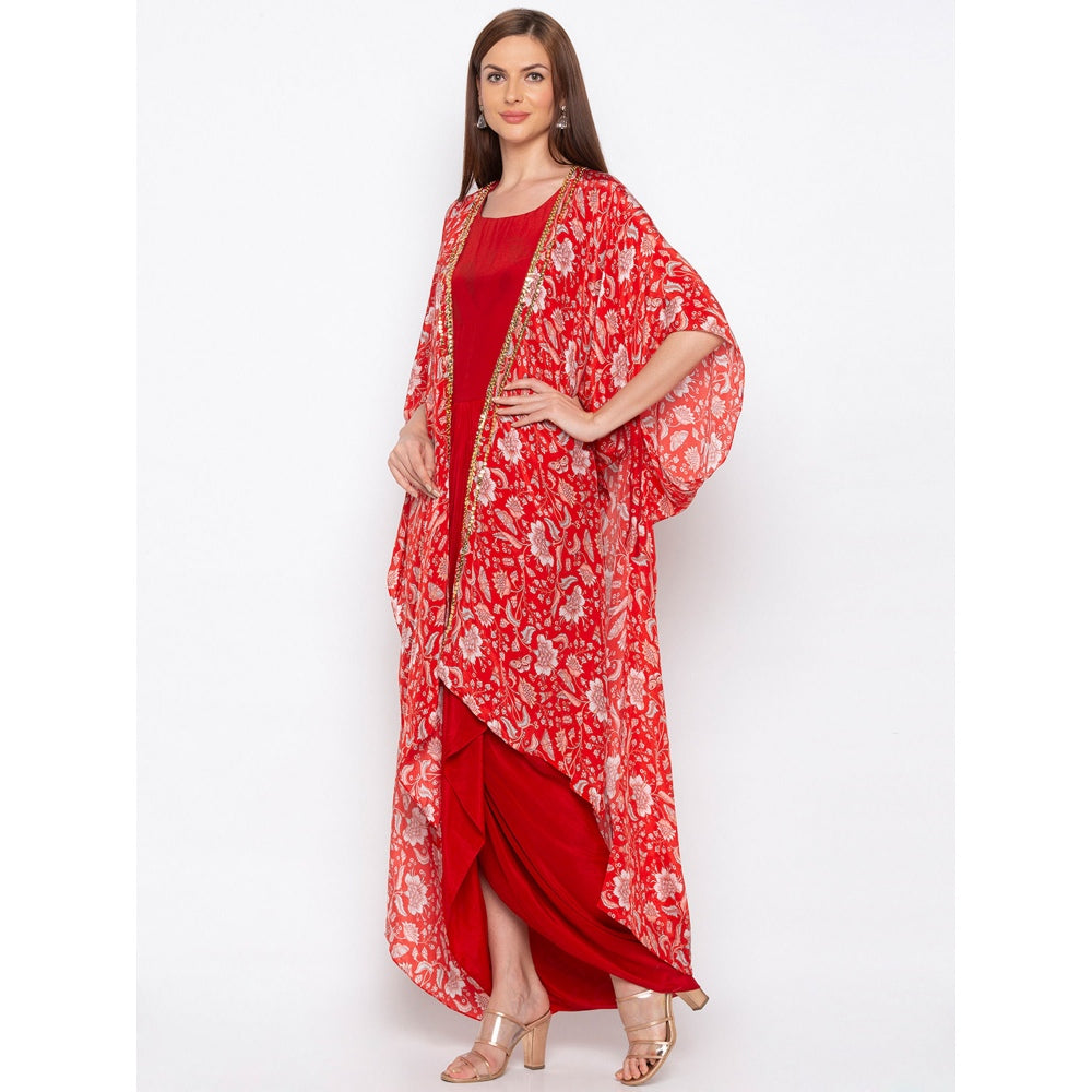 Soup by Sougat Paul Red Solid Dress With Printed Cape - Customisable (Set of 2)