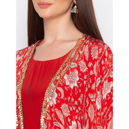 Soup by Sougat Paul Red Solid Dress With Printed Cape - Customisable (Set of 2)