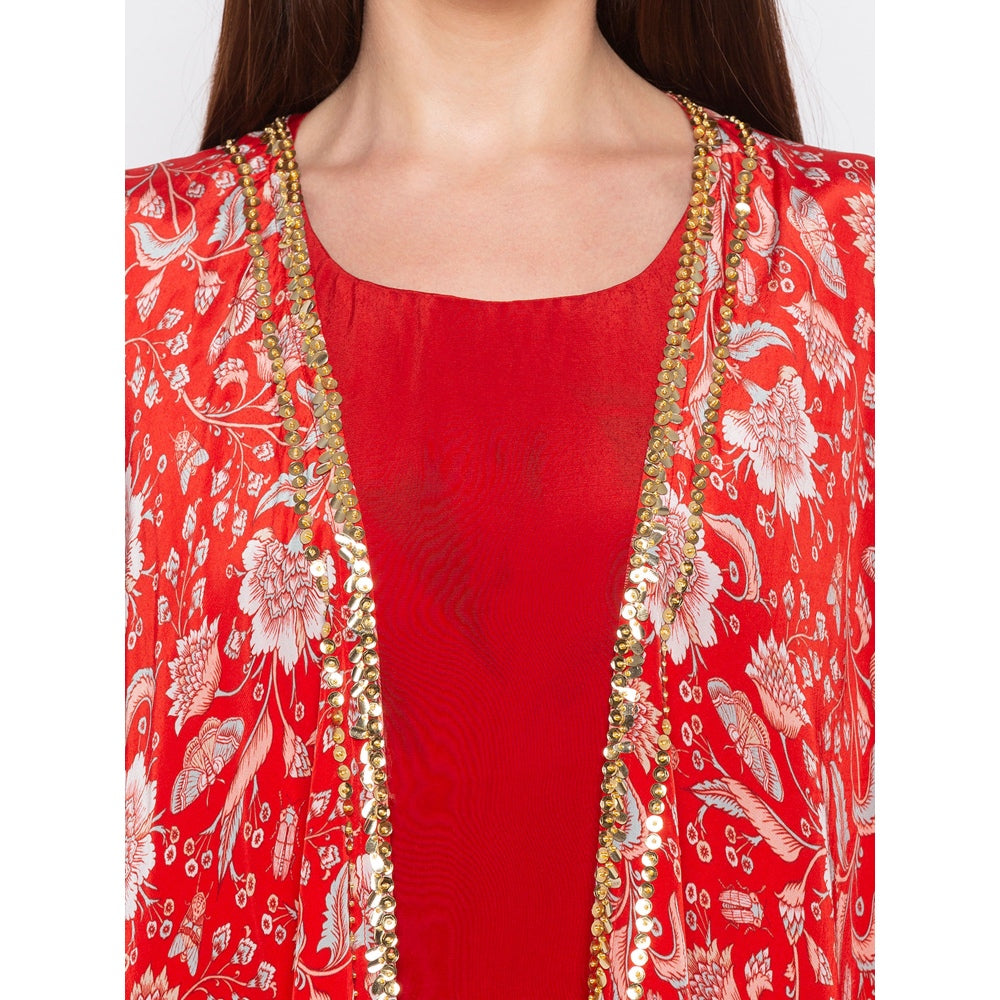 Soup by Sougat Paul Red Solid Dress With Printed Cape - Customisable (Set of 2)