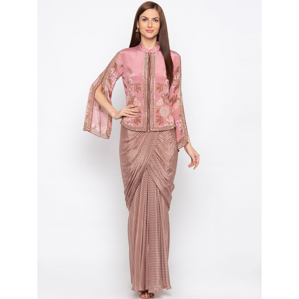 Soup by Sougat Paul Pink Printed Jacket With Drape Skirt - Customisable (Set of 2)