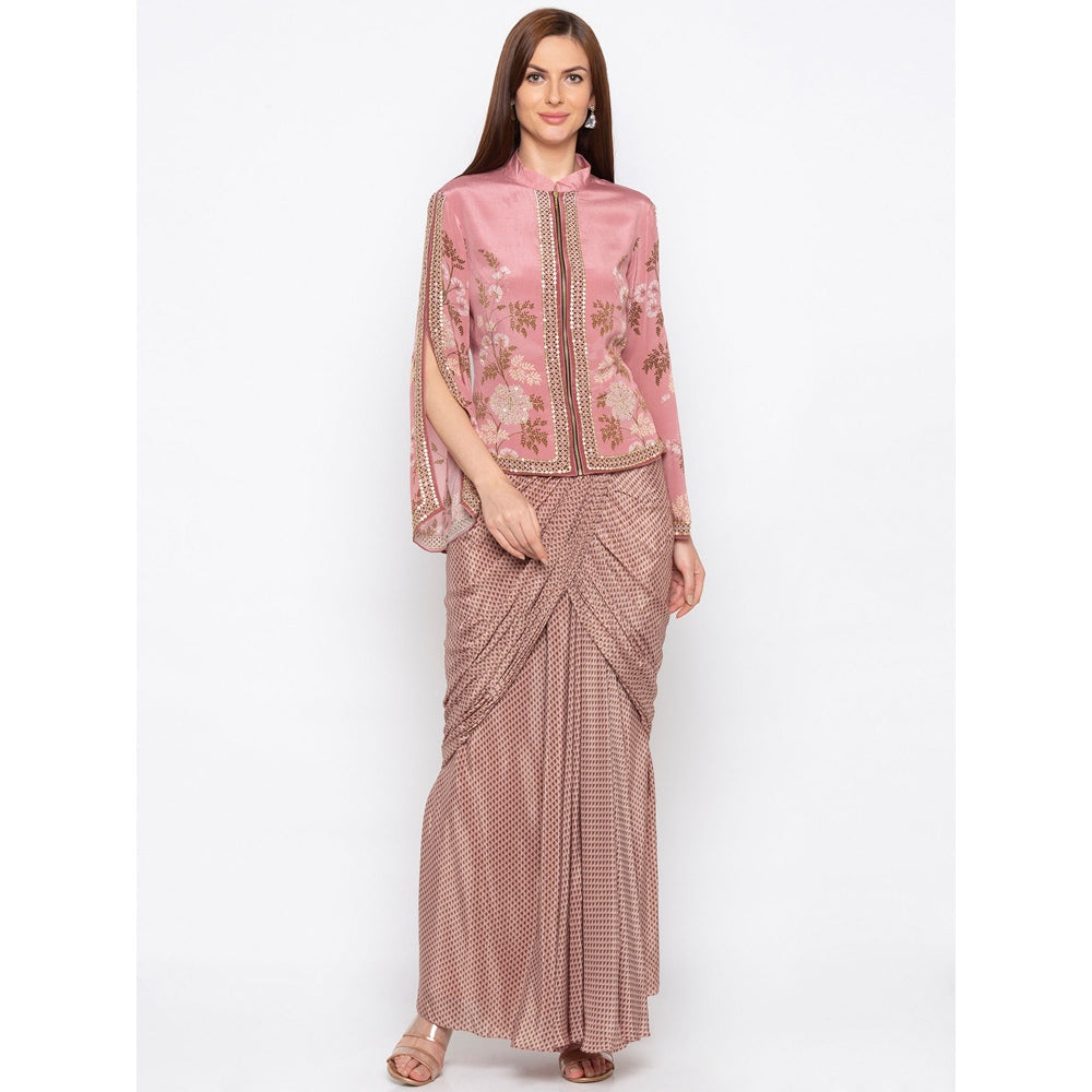 Soup by Sougat Paul Pink Printed Jacket With Drape Skirt - Customisable (Set of 2)