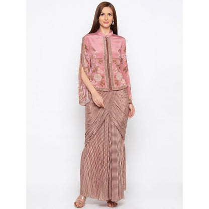Soup by Sougat Paul Pink Printed Jacket With Drape Skirt - Customisable (Set of 2)