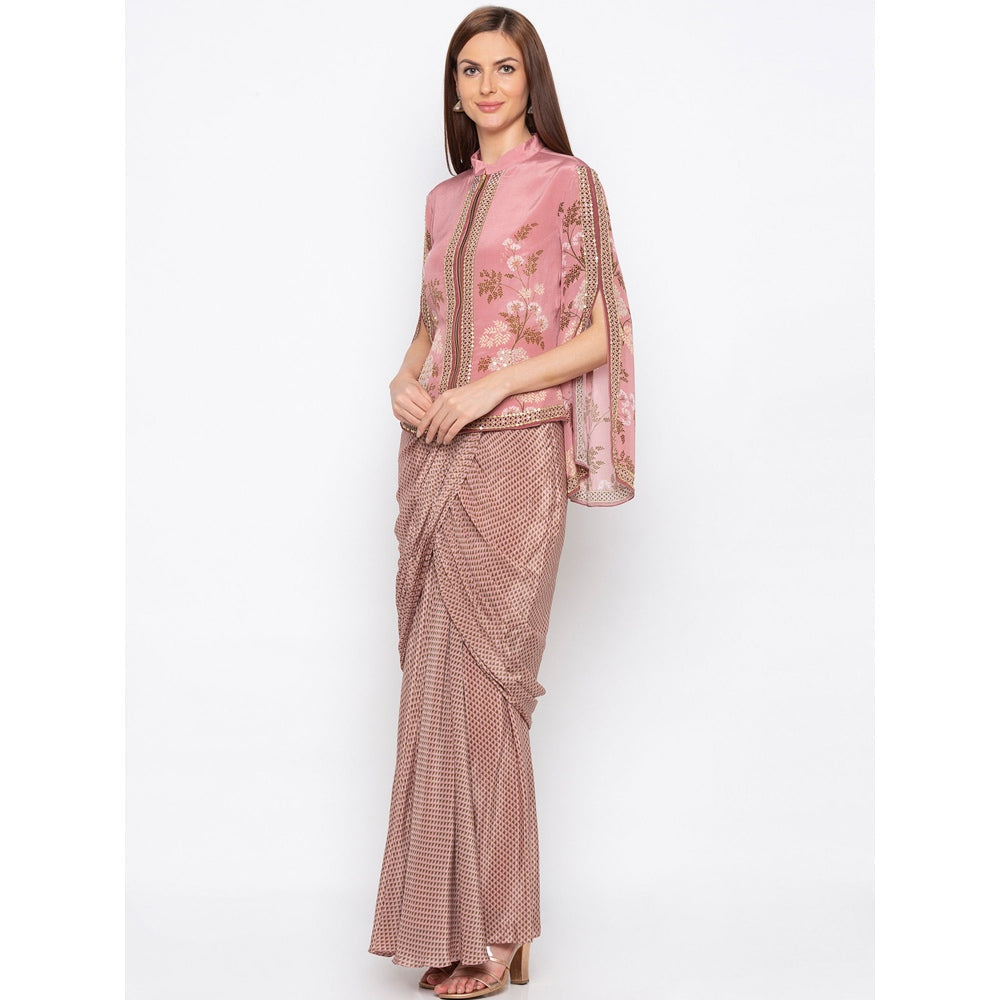 Soup by Sougat Paul Pink Printed Jacket With Drape Skirt - Customisable (Set of 2)