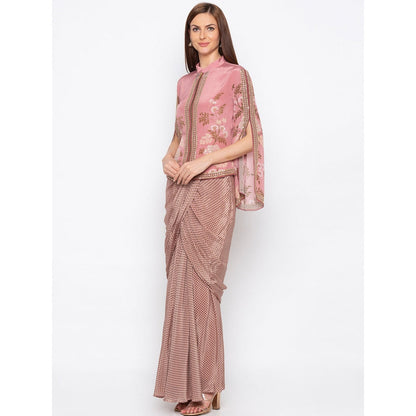 Soup by Sougat Paul Pink Printed Jacket With Drape Skirt - Customisable (Set of 2)