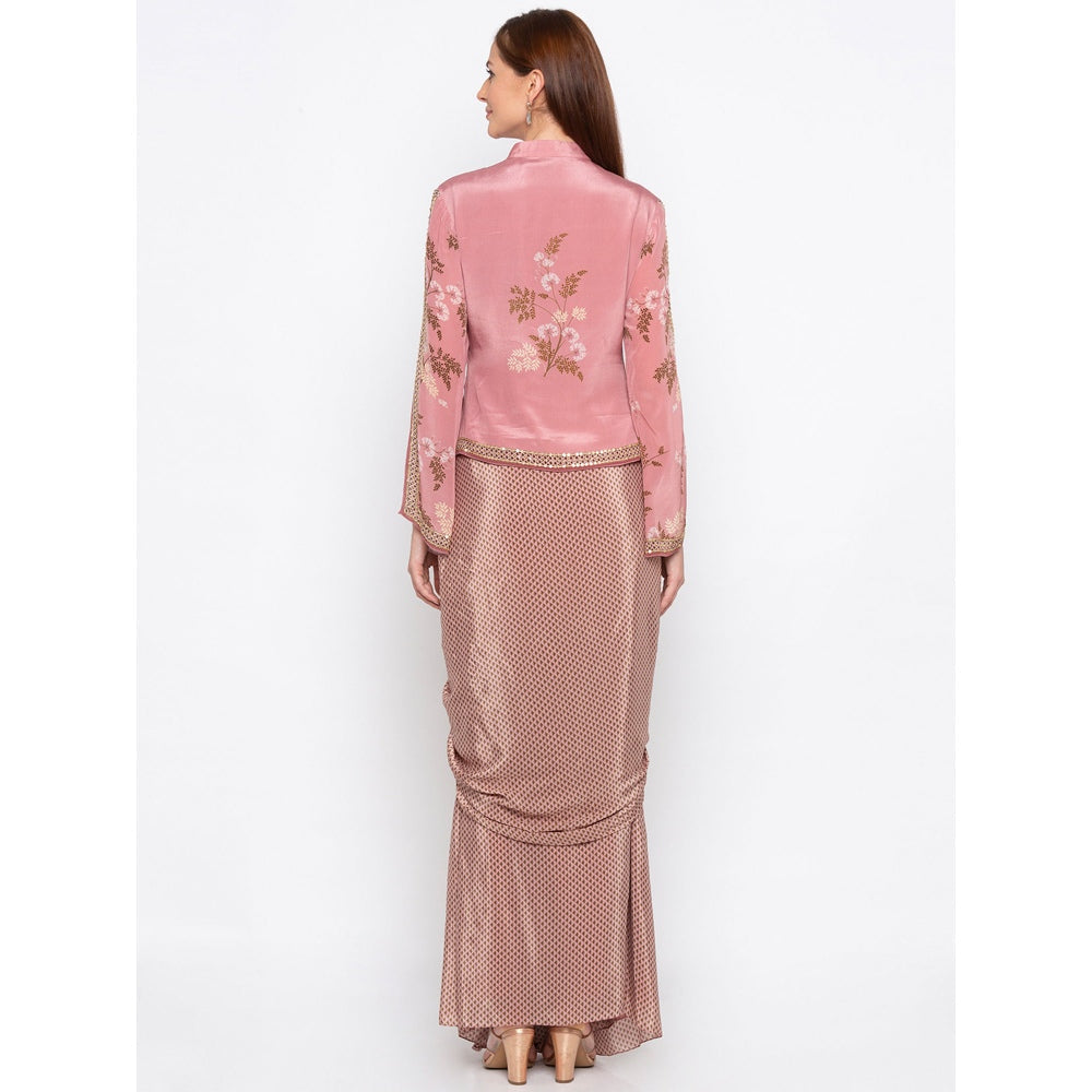 Soup by Sougat Paul Pink Printed Jacket With Drape Skirt - Customisable (Set of 2)
