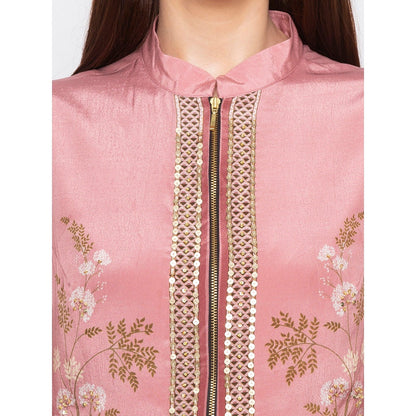 Soup by Sougat Paul Pink Printed Jacket With Drape Skirt - Customisable (Set of 2)