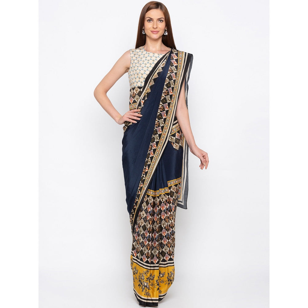Soup by Sougat Paul Navy Blue Printed Pre-Stitched Saree With Blouse - Customisable (Set of 2)