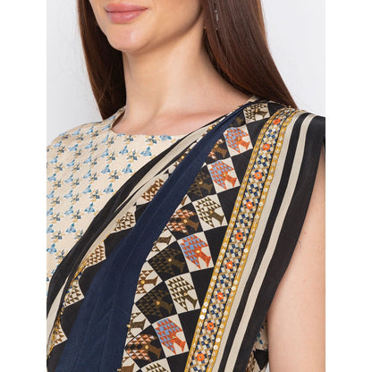 Soup by Sougat Paul Navy Blue Printed Pre-Stitched Saree With Blouse - Customisable (Set of 2)