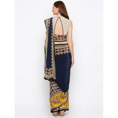 Soup by Sougat Paul Navy Blue Printed Pre-Stitched Saree With Blouse - Customisable (Set of 2)