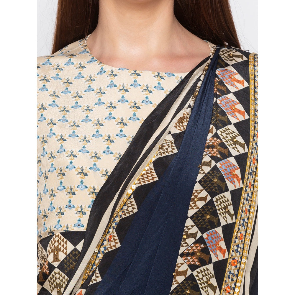 Soup by Sougat Paul Navy Blue Printed Pre-Stitched Saree With Blouse - Customisable (Set of 2)