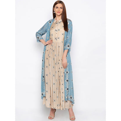 Soup by Sougat Paul Beige Collar Neck Dress With Jacket - Customisable (Set of 2)