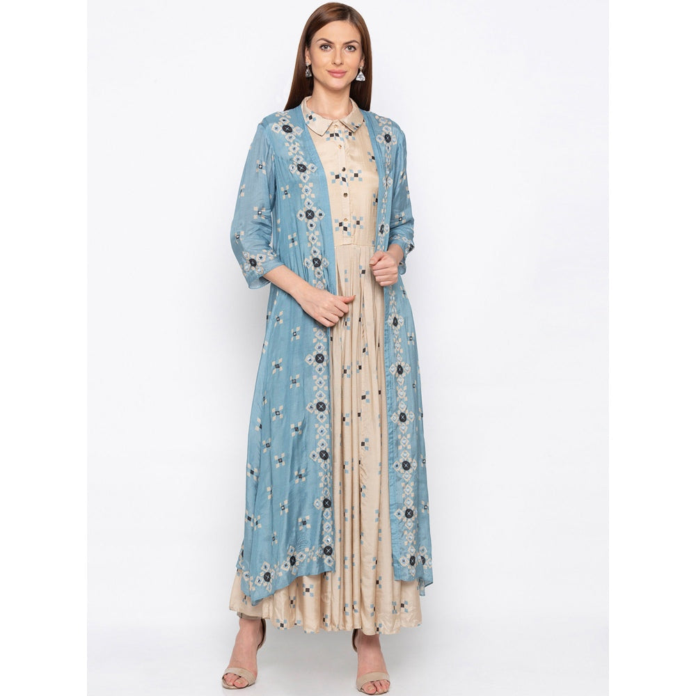 Soup by Sougat Paul Beige Collar Neck Dress With Jacket - Customisable (Set of 2)