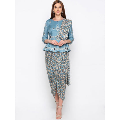 Soup by Sougat Paul Blue Peplum Top With Attached Pallu Drape Saree - Customisable (Set of 2)