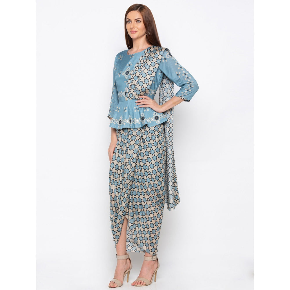 Soup by Sougat Paul Blue Peplum Top With Attached Pallu Drape Saree - Customisable (Set of 2)