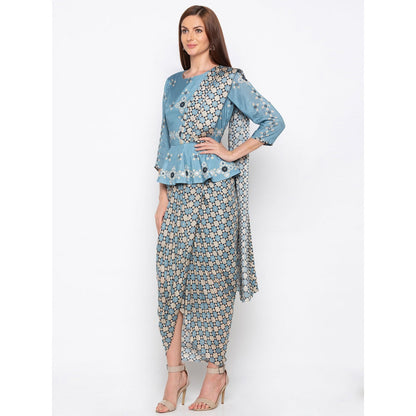 Soup by Sougat Paul Blue Peplum Top With Attached Pallu Drape Saree - Customisable (Set of 2)