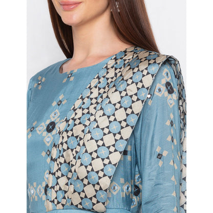 Soup by Sougat Paul Blue Peplum Top With Attached Pallu Drape Saree - Customisable (Set of 2)