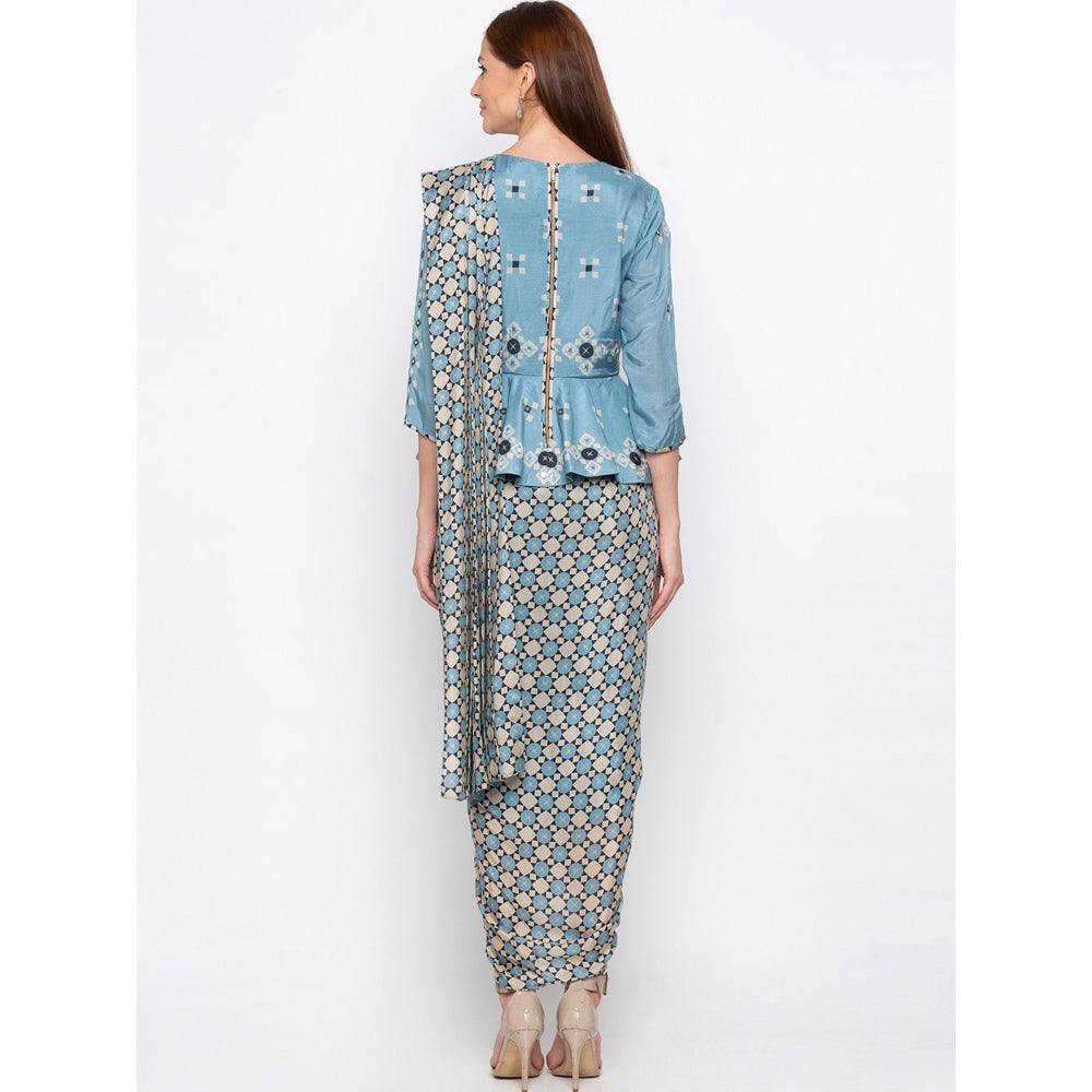 Soup by Sougat Paul Blue Peplum Top With Attached Pallu Drape Saree - Customisable (Set of 2)