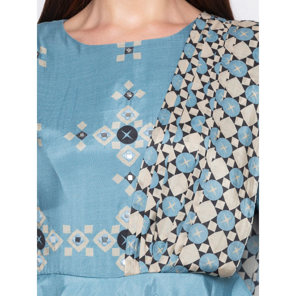 Soup by Sougat Paul Blue Peplum Top With Attached Pallu Drape Saree - Customisable (Set of 2)