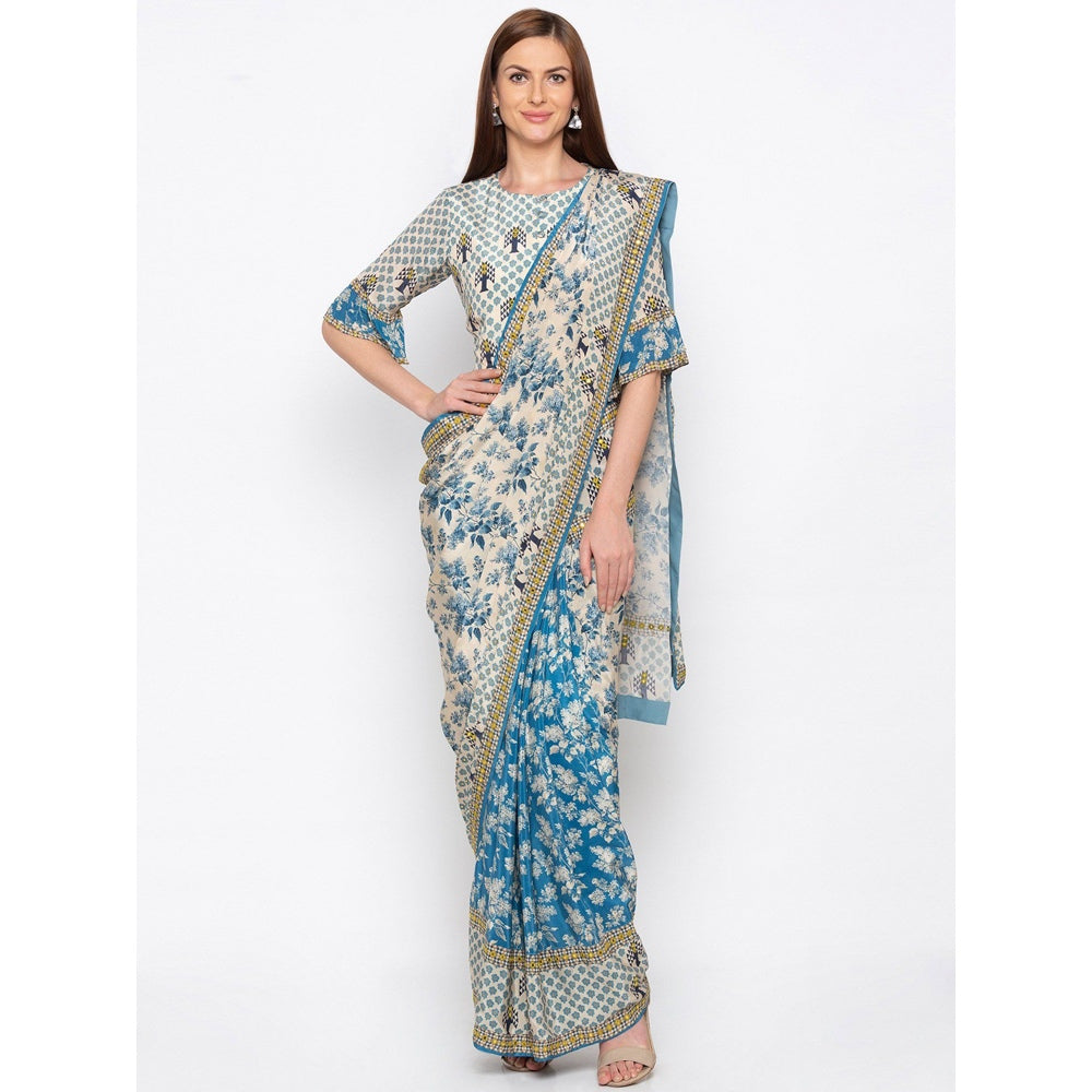 Soup by Sougat Paul Blue And Beige Printed Saree With Blouse - Customisable (Set of 2)