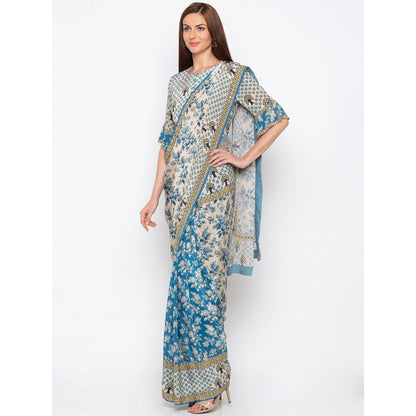 Soup by Sougat Paul Blue And Beige Printed Saree With Blouse - Customisable (Set of 2)