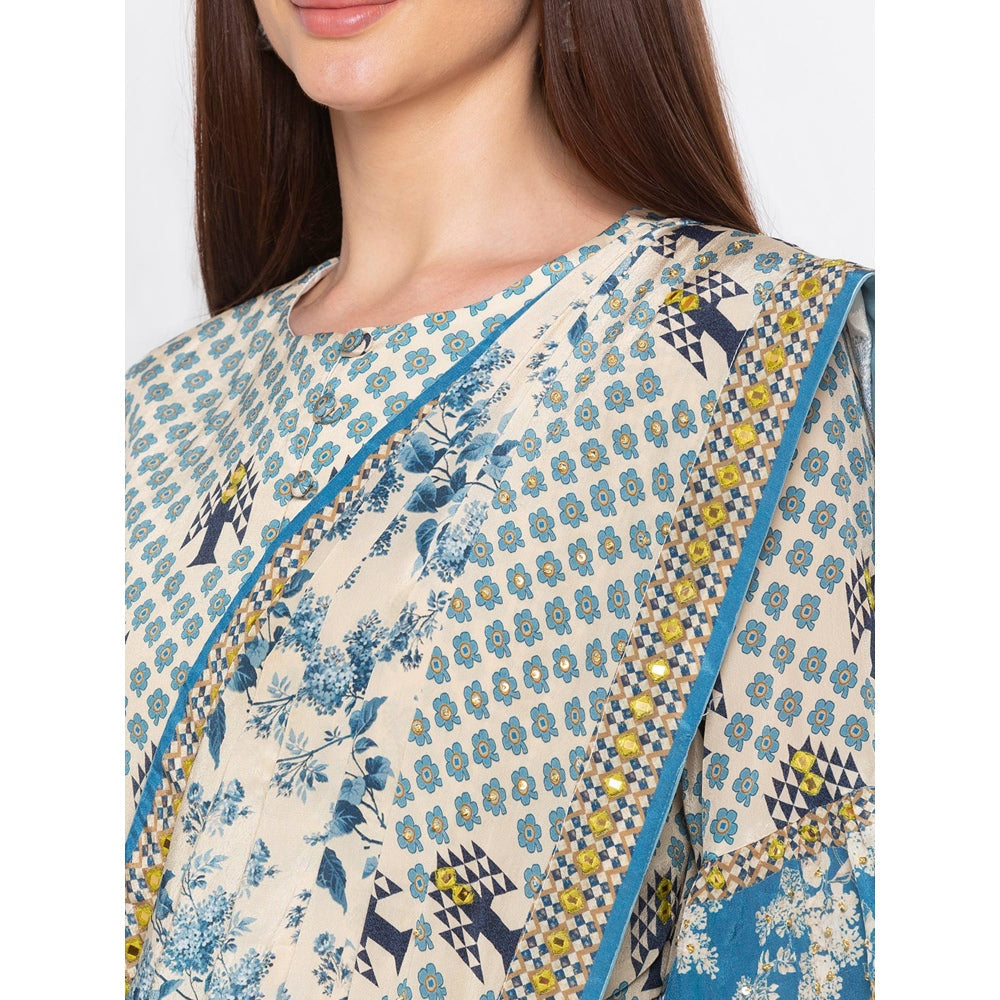 Soup by Sougat Paul Blue And Beige Printed Saree With Blouse - Customisable (Set of 2)