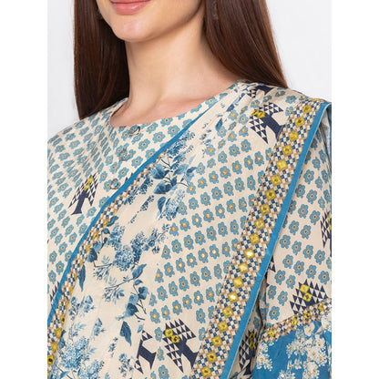 Soup by Sougat Paul Blue And Beige Printed Saree With Blouse - Customisable (Set of 2)