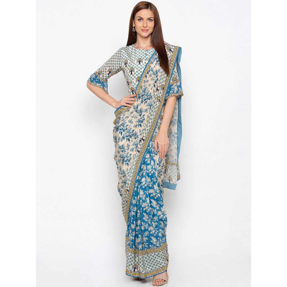 Soup by Sougat Paul Blue And Beige Printed Saree With Blouse - Customisable (Set of 2)