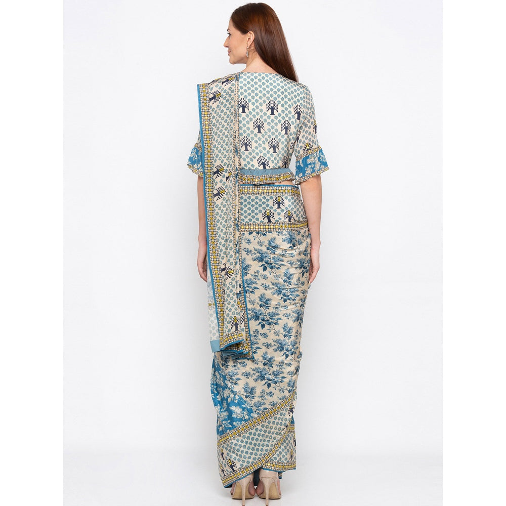 Soup by Sougat Paul Blue And Beige Printed Saree With Blouse - Customisable (Set of 2)