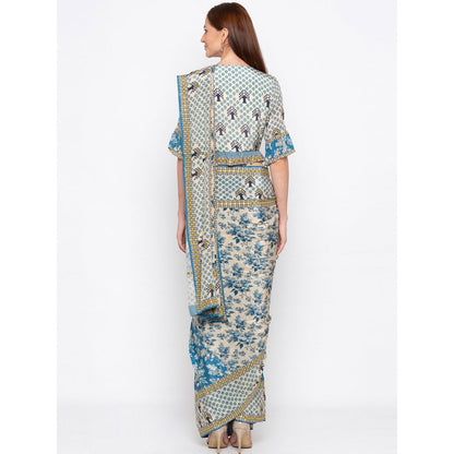 Soup by Sougat Paul Blue And Beige Printed Saree With Blouse - Customisable (Set of 2)