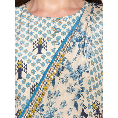 Soup by Sougat Paul Blue And Beige Printed Saree With Blouse - Customisable (Set of 2)