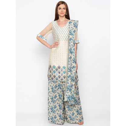 Soup by Sougat Paul Beige Printed Kurta With Palazzo And Dupatta - Customisable (Set of 3)