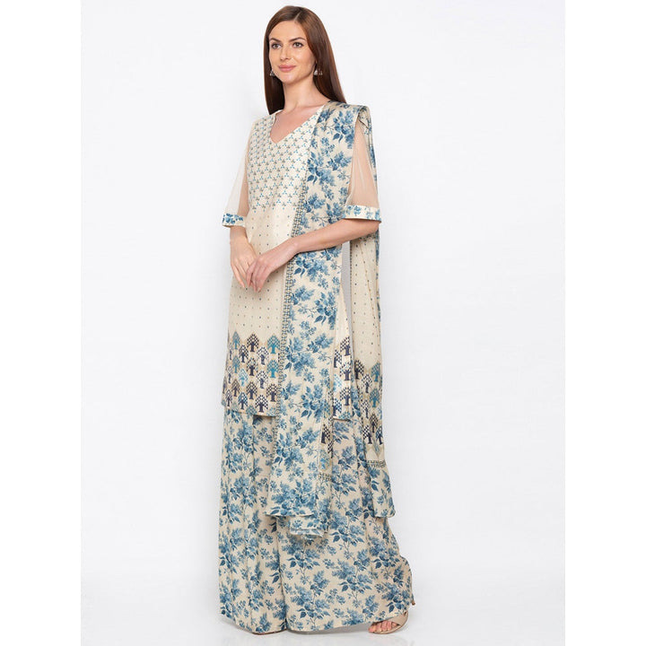 Soup by Sougat Paul Beige Printed Kurta With Palazzo And Dupatta - Customisable (Set of 3)